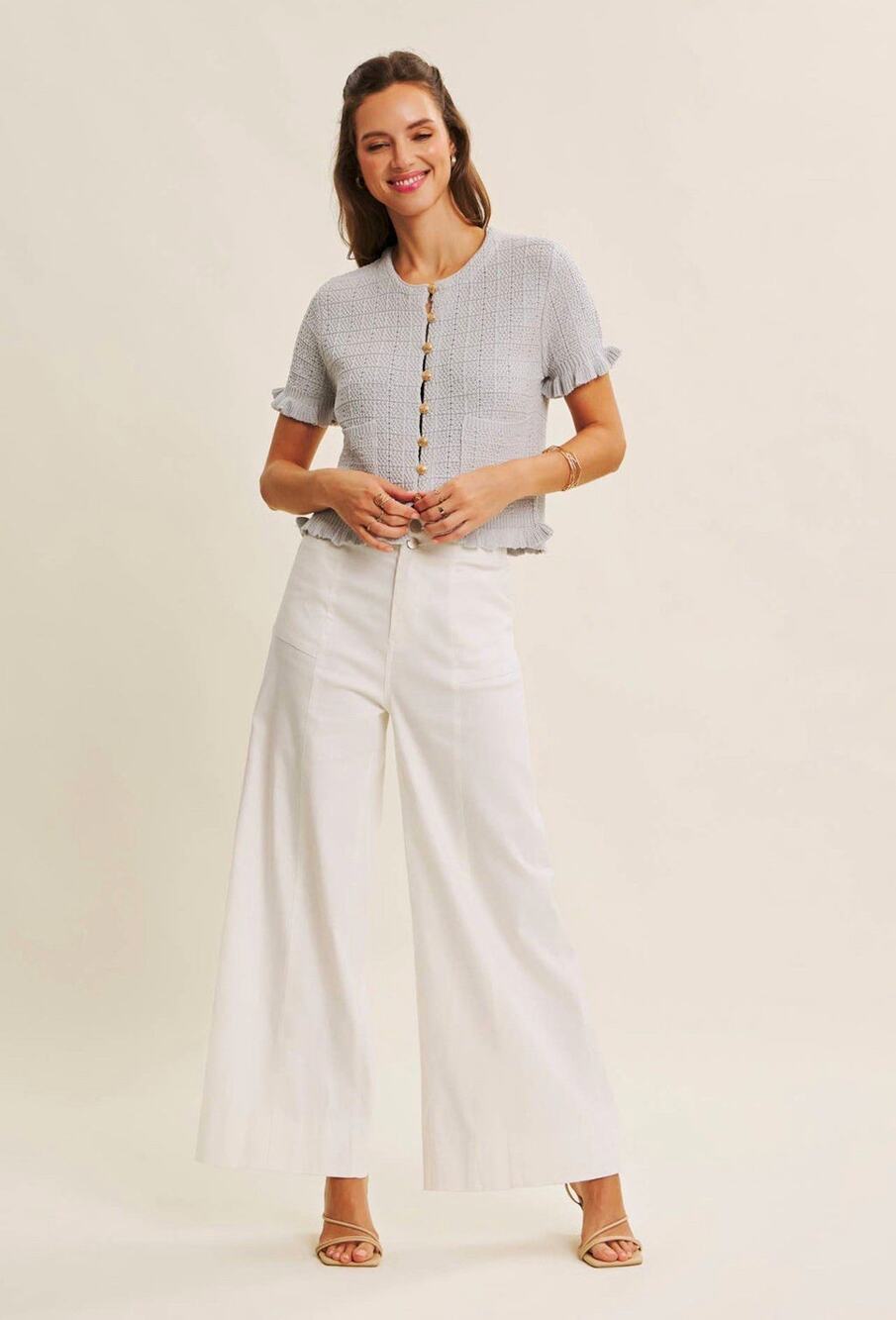 Women’s Off White Twill Wide-Leg Pants Flat Front Button Zip M